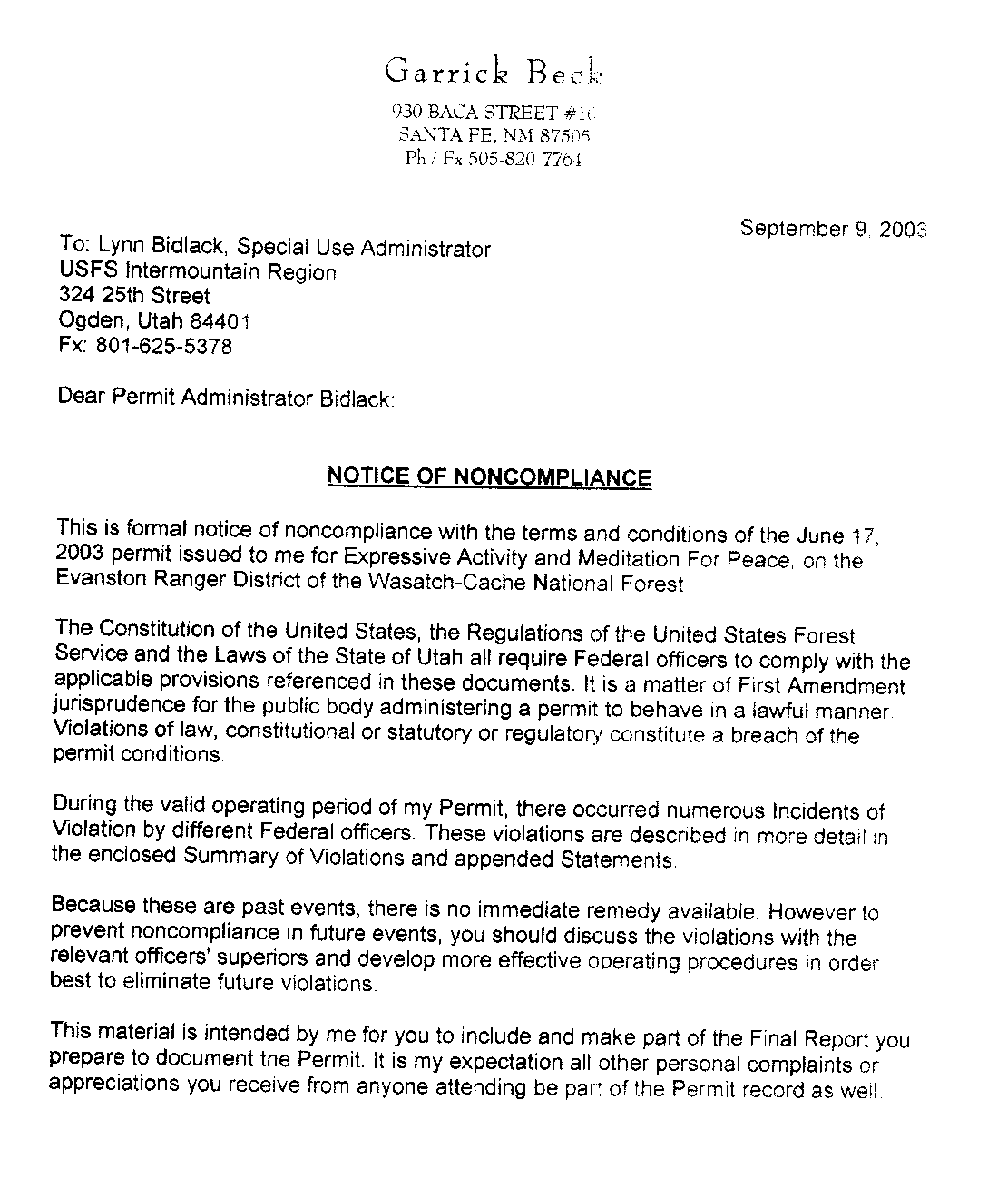 September 9, 2003, Notice of